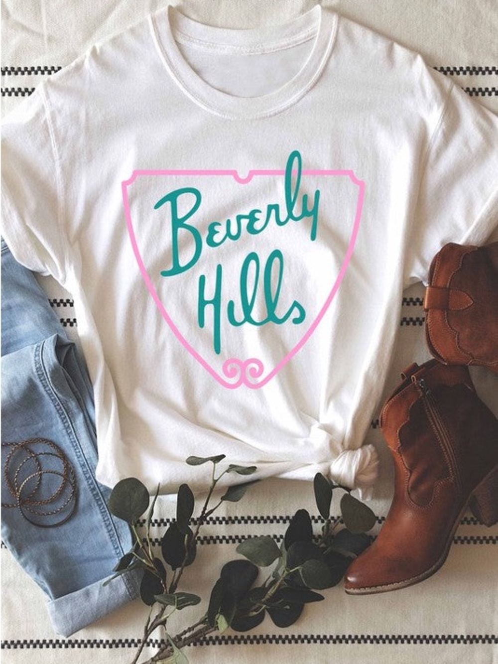 Graphic Tee - White with Pink & Teal Beverly Hills Design